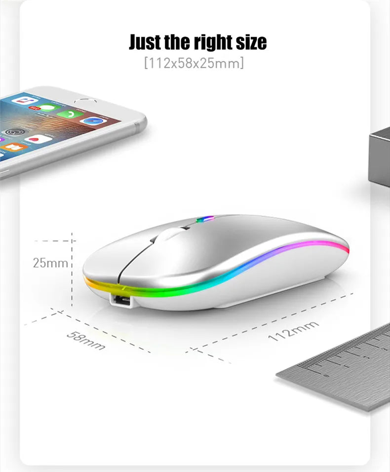 Mouse wireless silențios, cu iluminare LED, 2,4 GHz, Bluetooth, cu mod dual, optic