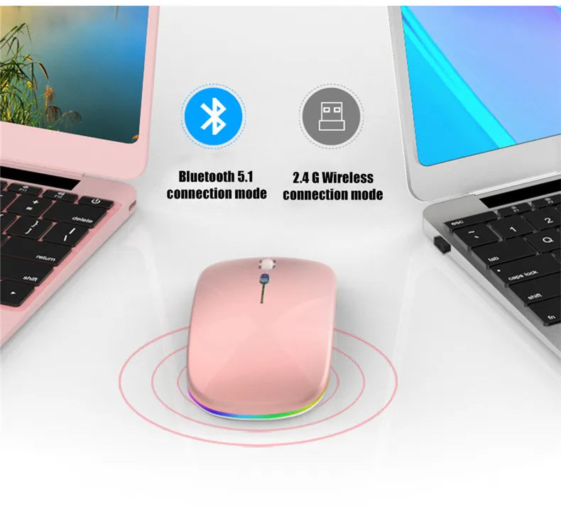 Mouse wireless silențios, cu iluminare LED, 2,4 GHz, Bluetooth, cu mod dual, optic