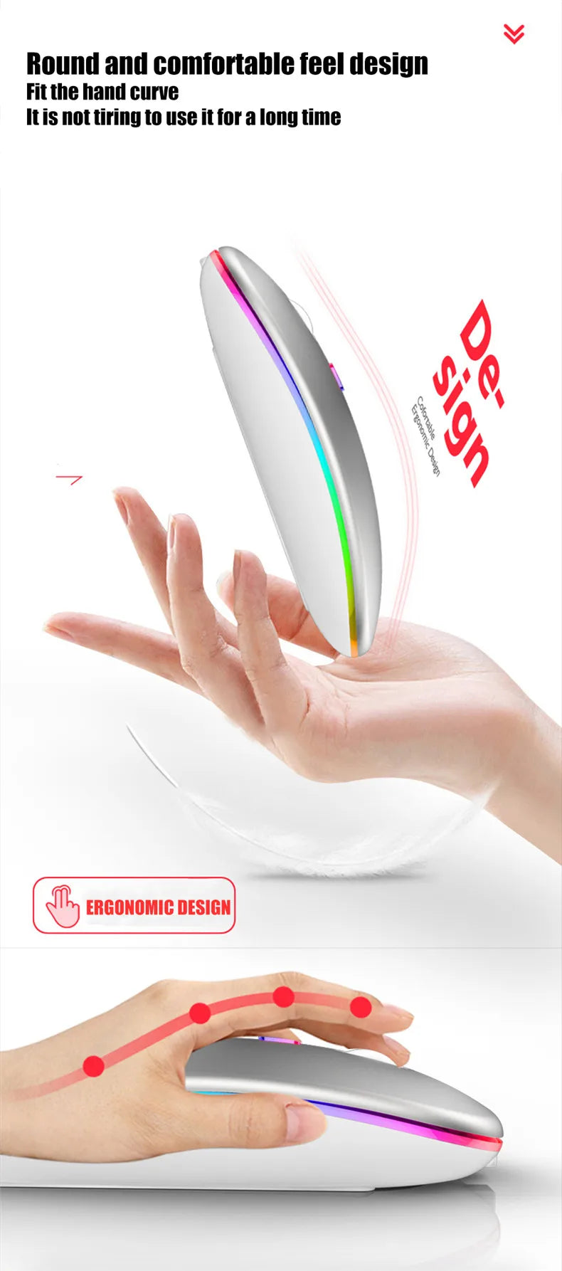 Mouse wireless silențios, cu iluminare LED, 2,4 GHz, Bluetooth, cu mod dual, optic