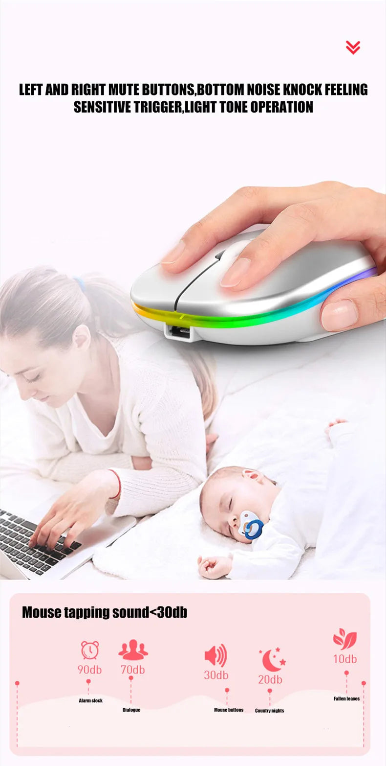 Mouse wireless silențios, cu iluminare LED, 2,4 GHz, Bluetooth, cu mod dual, optic