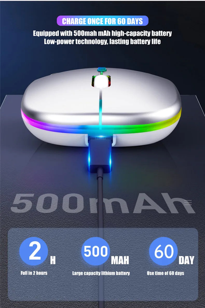 Mouse wireless silențios, cu iluminare LED, 2,4 GHz, Bluetooth, cu mod dual, optic