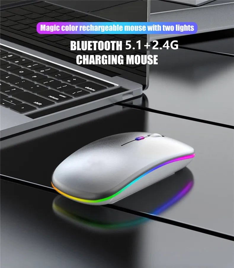 Mouse wireless silențios, cu iluminare LED, 2,4 GHz, Bluetooth, cu mod dual, optic