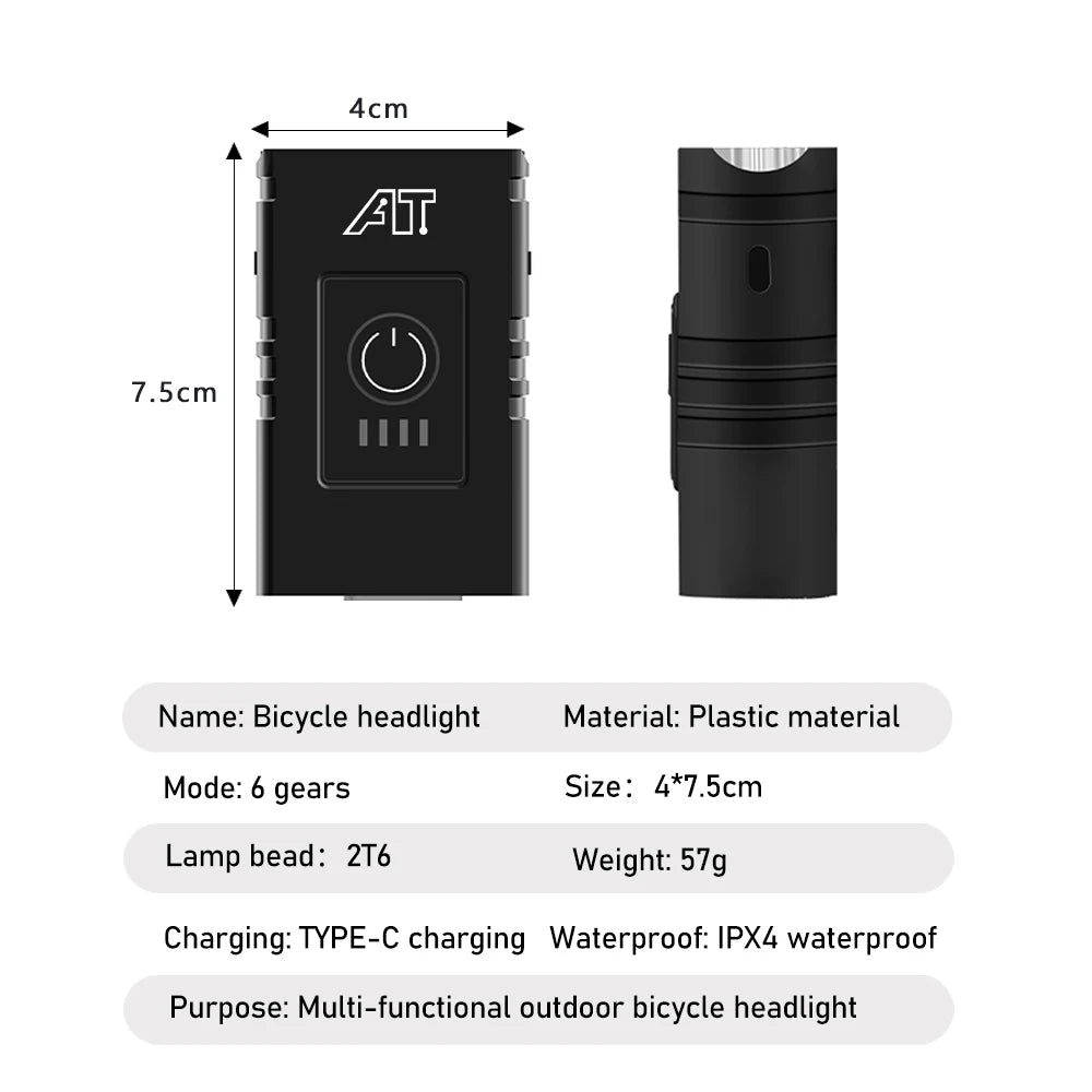 Lampă frontală pentru bicicletă LED, tip C, reîncărcabilă, pentru MTB, biciclete de șosea, ușor de instalat