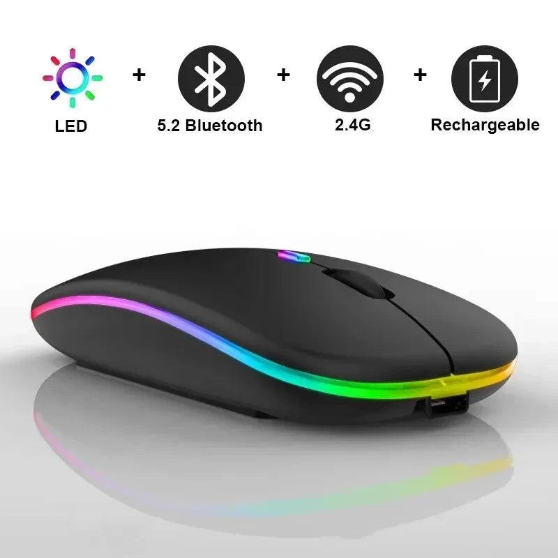 Mouse wireless silențios, cu iluminare LED, 2,4 GHz, Bluetooth, cu mod dual, optic