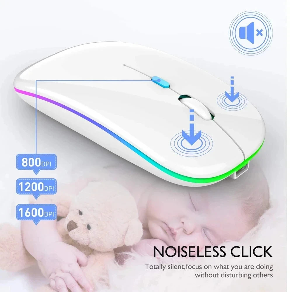Mouse wireless silențios, cu iluminare LED, 2,4 GHz, Bluetooth, cu mod dual, optic