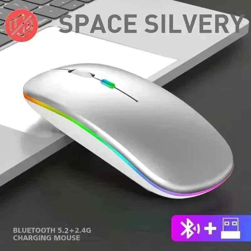 Mouse wireless silențios, cu iluminare LED, 2,4 GHz, Bluetooth, cu mod dual, optic