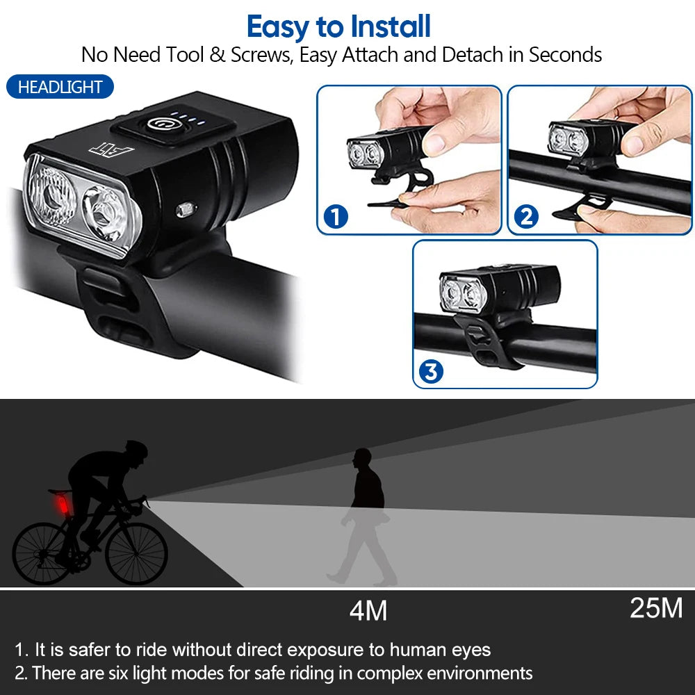 Lampă frontală pentru bicicletă LED, tip C, reîncărcabilă, pentru MTB, biciclete de șosea, ușor de instalat