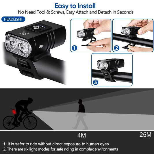 Lampă frontală pentru bicicletă LED, tip C, reîncărcabilă, pentru MTB, biciclete de șosea, ușor de instalat